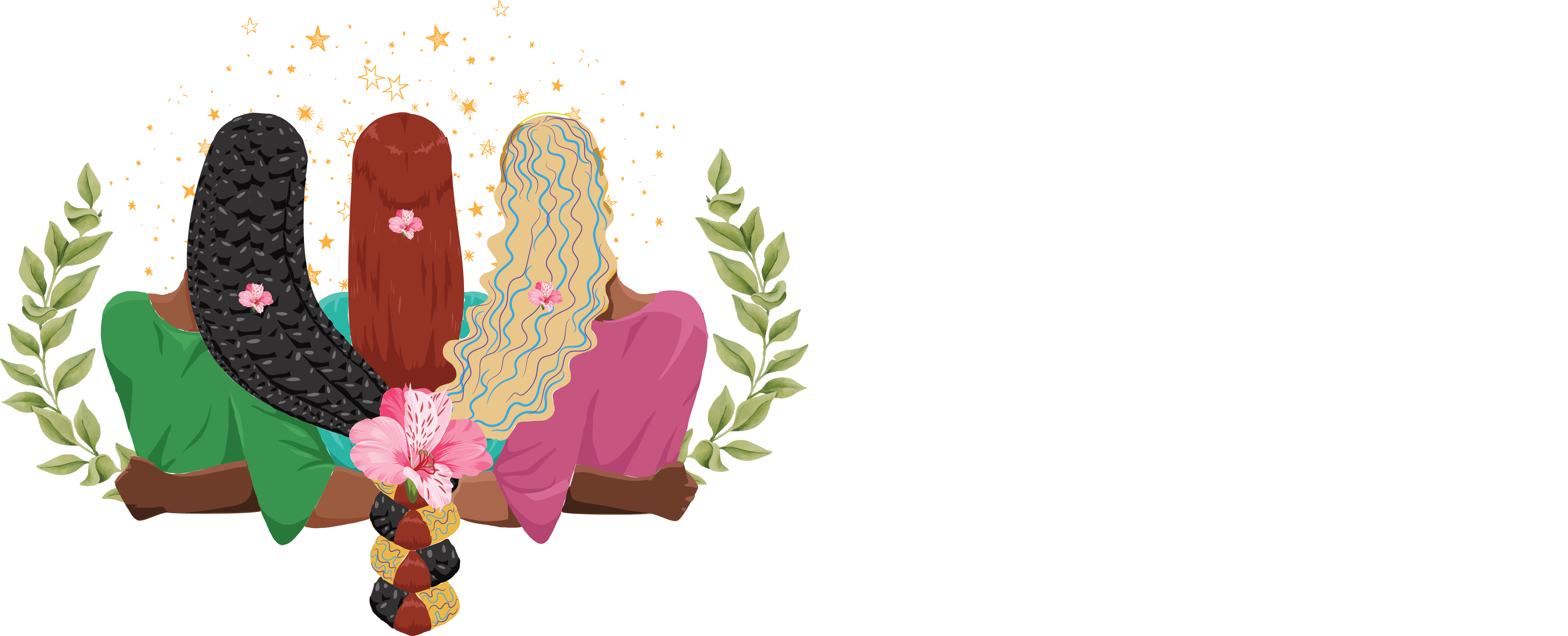 Trois femmes de dos, cheveux entrelacés, entourées d'étoiles dorées